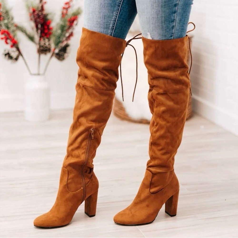 Francescas Over The Knee Brown Suede Heeled Boots